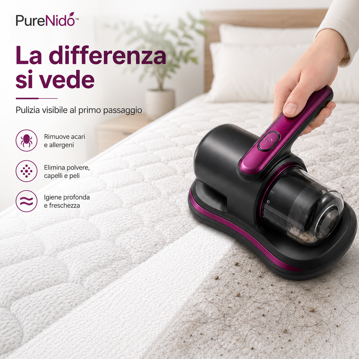 PureNido™ – Aspiratore Antiacari per Materassi, Divani e Tessuti