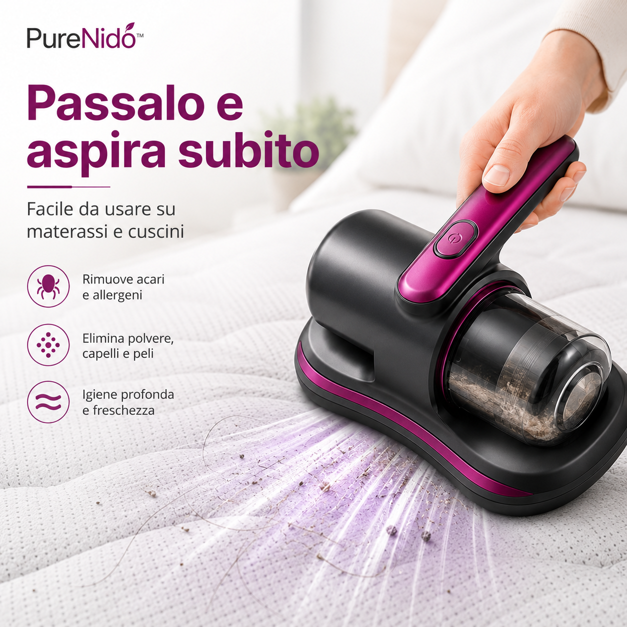 PureNido™ – Aspiratore Antiacari per Materassi, Divani e Tessuti